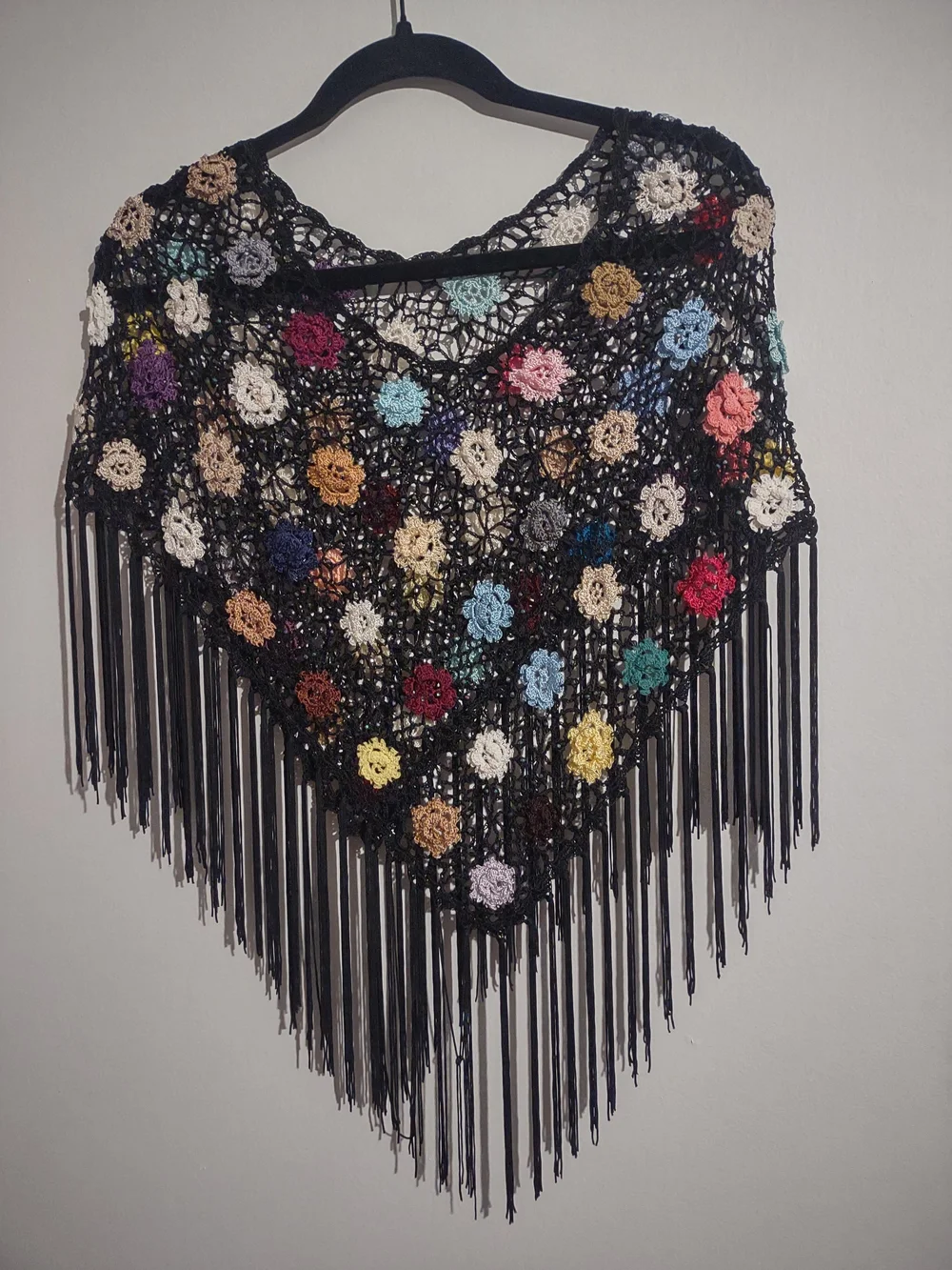 Handmade Black Crochet Floral Fringe Poncho